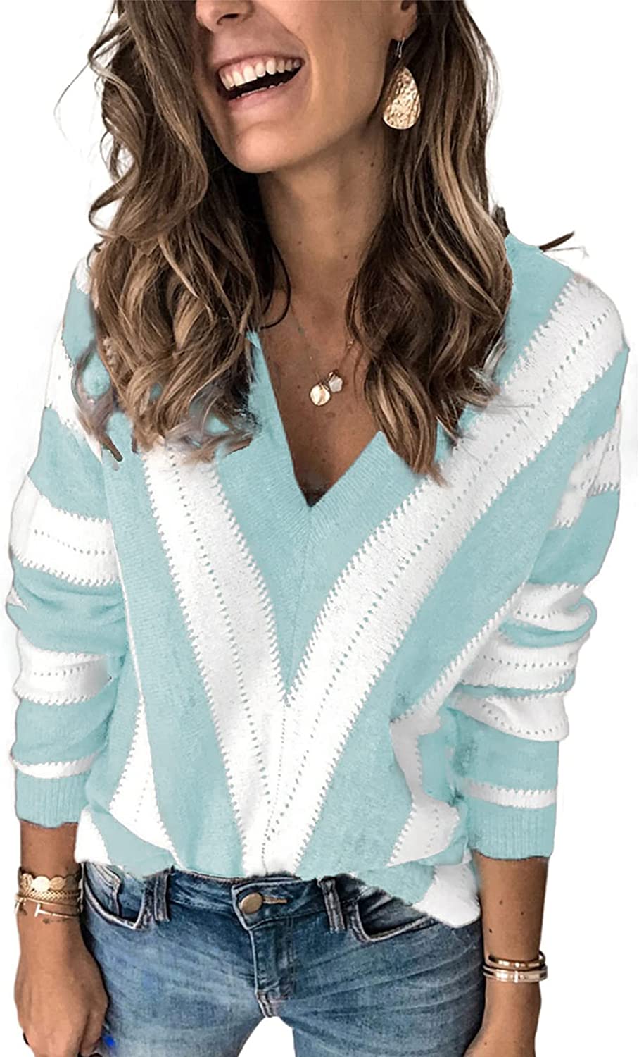 230816020731753_1 Elapsy Womens Color Block Striped V Neck Sweater Long Sleeve Pullover Knitted Sweater XS-2XL - Image 1